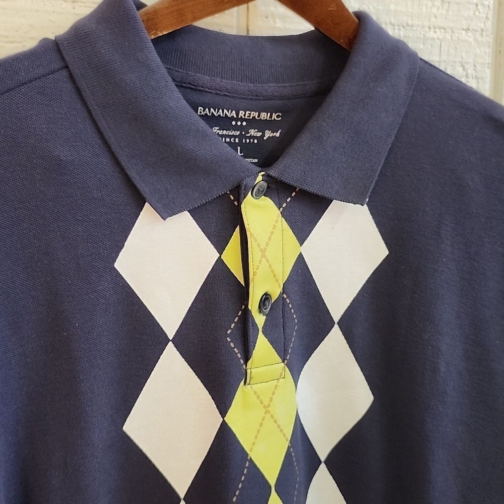 BANANA REPUBLIC Men's Short Sleeve Cotton Polo Navy w/Diamond Graphic Large